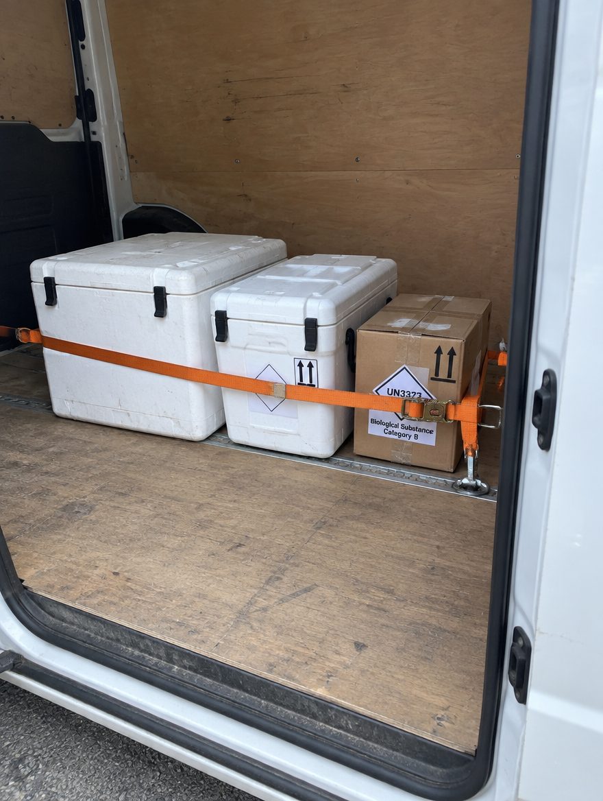 UN3373 biological substance boxes and medical cool boxes strapped in a van